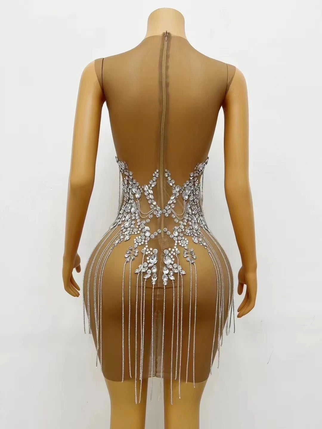 Sexy Transparent Crystal Tassel Sequin Cocktail Night Club Party Mini Dress Plus Size Dinner Gown Women Dancer Wear Prom Dress