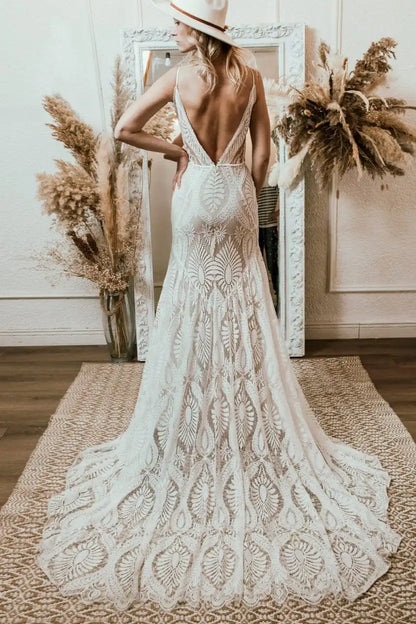 10864#Real Photos Spaghetti Straps Sleeveless V-Neck Open Back Sweep Train Lace Bohemian Boho Wedding Dress Wedding Bridal Gown