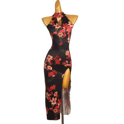 New Split Skirt Latin Dance Party Chiffon Dress V-neck Natural Waistline Breathable Floor-Length