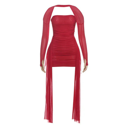 Valentine Mesh Women Mini Dress Fashion Solid Strapless Ribbons Tassel Body-shaping Vestidos+Seperately Full Sleeve Gloves