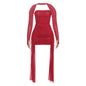 Valentine Mesh Women Mini Dress Fashion Solid Strapless Ribbons Tassel Body-shaping Vestidos+Seperately Full Sleeve Gloves