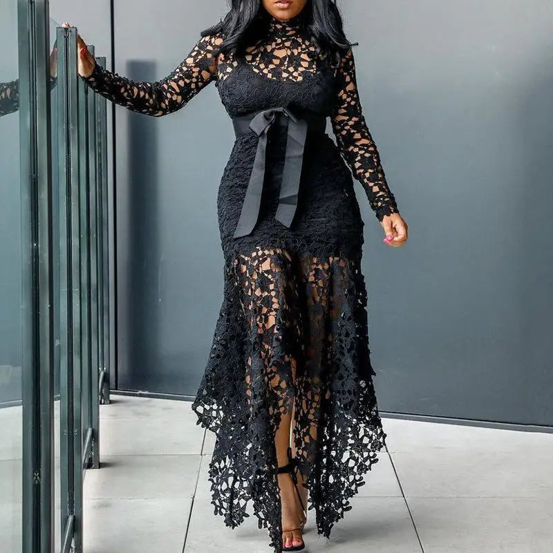 Boutique Wholesale 2025 Autumn New Fashion Stand Collar Lace Hollow Out Long Sleeved Irregular Women's Dress