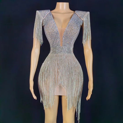 Sexy Rhinestone Tassel Prom Gown Backless Birthday Wedding Formal Dress Women Mini Party Club Dress Bodycon Evening Dress