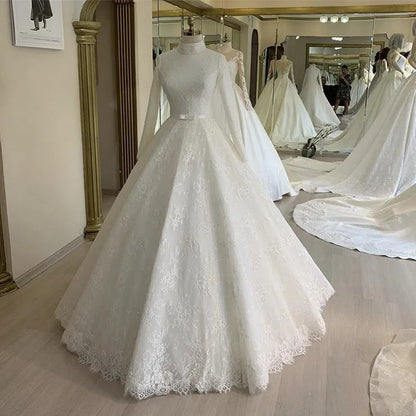 FA177 Customized High Neck Long Sleeves A-Line Zipper Back Tulle Lace Applique Pearl Beaded Wedding Dresses With Bow Vestido