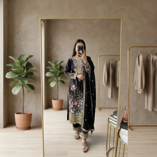 Floral Satin Heavy Viscose Silk Embroidery A-Line Floor-Length Hand Washable High-quality Women's Evening Dress Indian Pakistani