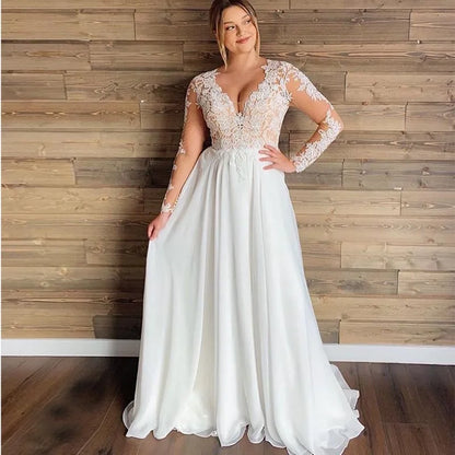 FA201 Plus Size Wedding Dresses Long Sleeves Chiffon Sheer Lace Applique V-neck Full Length White Beach Bridal Dress