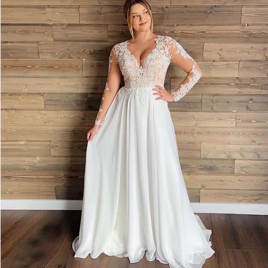 FA201 Plus Size Wedding Dresses Long Sleeves Chiffon Sheer Lace Applique V-neck Full Length White Beach Bridal Dress