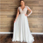 FA201 Plus Size Wedding Dresses Long Sleeves Chiffon Sheer Lace Applique V-neck Full Length White Beach Bridal Dress
