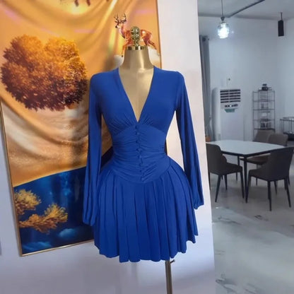 Women's Pleated V-neck Long-sleeved Dress French Style Slim Waist Knee Length Skirt