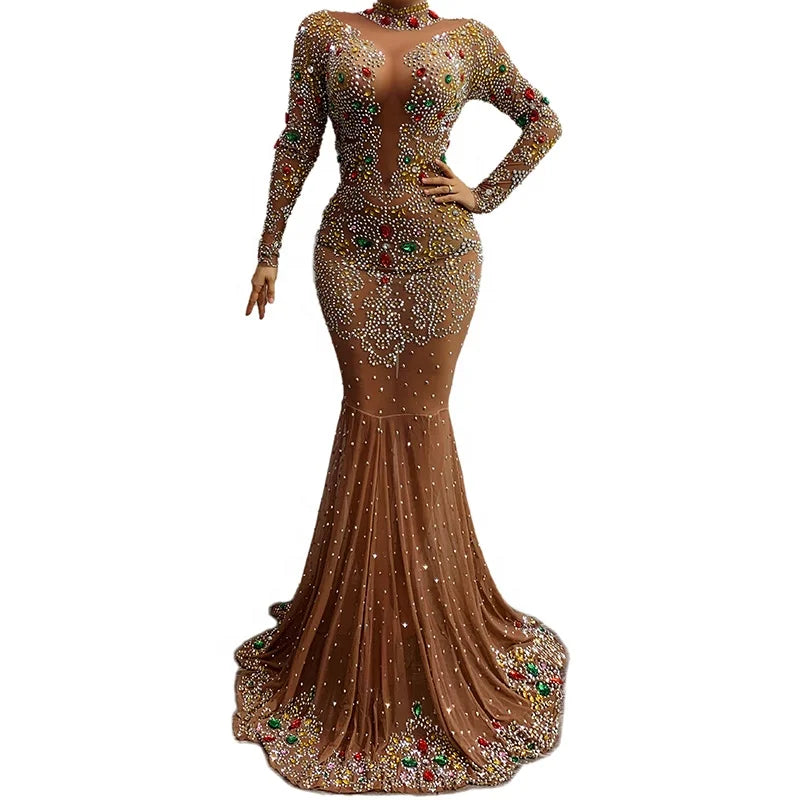 Female Elastic Mesh Feather Nude Long Sleeve Wrap Hip Dress Wedding Evening Perspective Long Dress Singer Host Catwalk Dresses