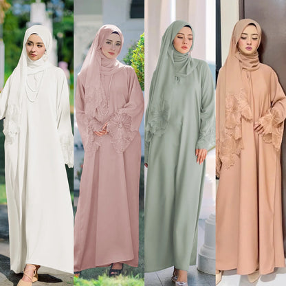 2025 Spring New Middle Eastern Women Clothing Muslim Women Robe With Lace Sleeves Malay Indonesian Dress With Headscarf Hijab
