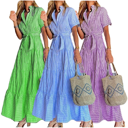 FD492 Hot Selling Summer Dresses for Women Elegant Stripe Printed Short Sleeve Loose Shirt Dress Long Maxi Ladies