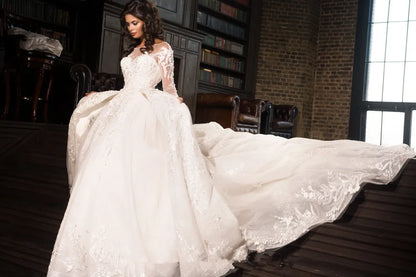 Brand   Gorgeous Lace Ball Gown Wedding Dress Long Sleeve High Neck Luxurious Arabic Bridal Gowns With Backless Wedding Gown