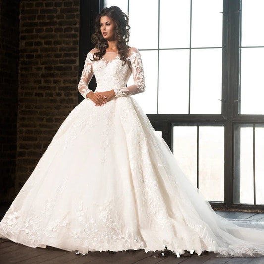 Brand   Gorgeous Lace Ball Gown Wedding Dress Long Sleeve High Neck Luxurious Arabic Bridal Gowns With Backless Wedding Gown
