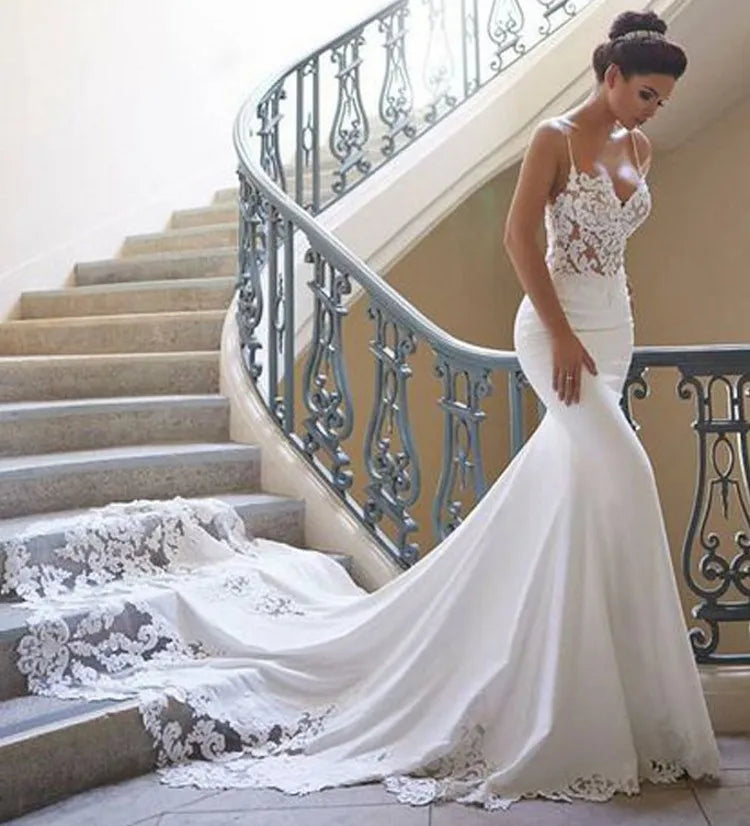 6264# Real Photos Spaghetti Strap Sleeveless Mermaid Deep V-Neck Satin Lace Open Back Bridal Wedding Dress Gown