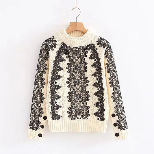Wholesale 2018 Fashion Sexy Women Crew Neck Lace Patched Women Sweater