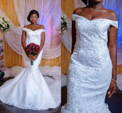 NE300 Elegant Mermaid Wedding South African Dress Off the Shoulder Lace Applique Sweep Train Custom Made Wedding Dresses Bridal