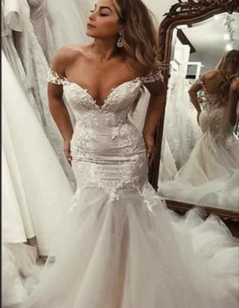 Off the Shoulder Bridal Gowns African Mermaid Wedding Dress 2023 Vestido De Novia  with Lace Long Tulle Bridal Dress with Train