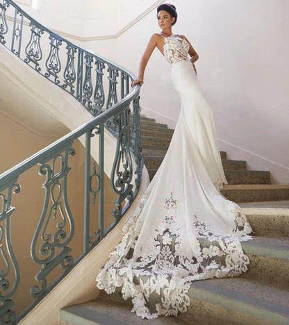 6264# Real Photos Spaghetti Strap Sleeveless Mermaid Deep V-Neck Satin Lace Open Back Bridal Wedding Dress Gown