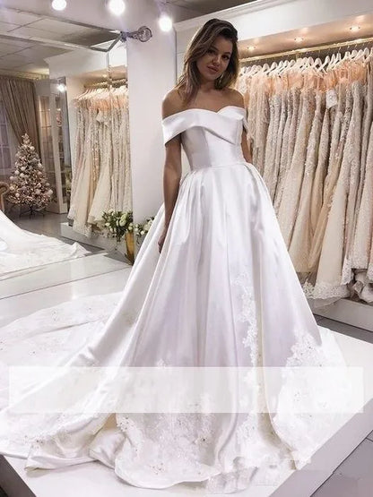 Elegant Satin a Line Wedding Dress Off-The-Shoulder Long Formal Bridal Gowns Lace Appliques Sweep Train Robe De Mariee