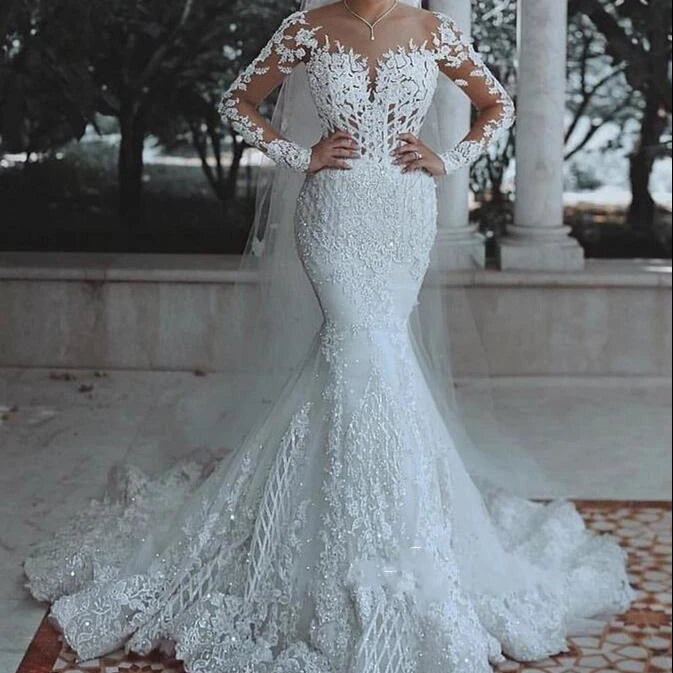 FA132 Sexy Long Sleeves Lace Wedding Dress New See Through Back Lace Mermaid Robe Custom Bride Dress