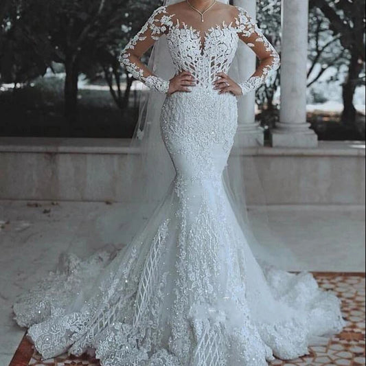 FA132 Sexy Long Sleeves Lace Wedding Dress New See Through Back Lace Mermaid Robe Custom Bride Dress