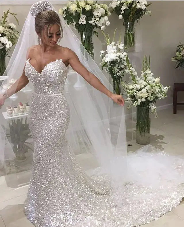 Bling Sequin Mermaid Wedding Gown Vestido  Novia Sweetheart Open Back Chapel Train Bridal Gown Brand  Afraic Style Wedding Dress