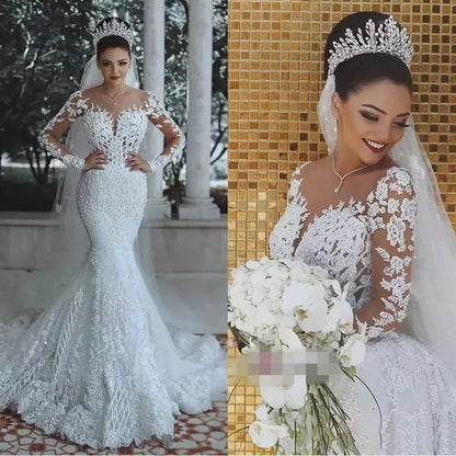 FA132 Sexy Long Sleeves Lace Wedding Dress New See Through Back Lace Mermaid Robe Custom Bride Dress