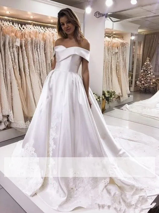 Elegant Satin a Line Wedding Dress Off-The-Shoulder Long Formal Bridal Gowns Lace Appliques Sweep Train Robe De Mariee