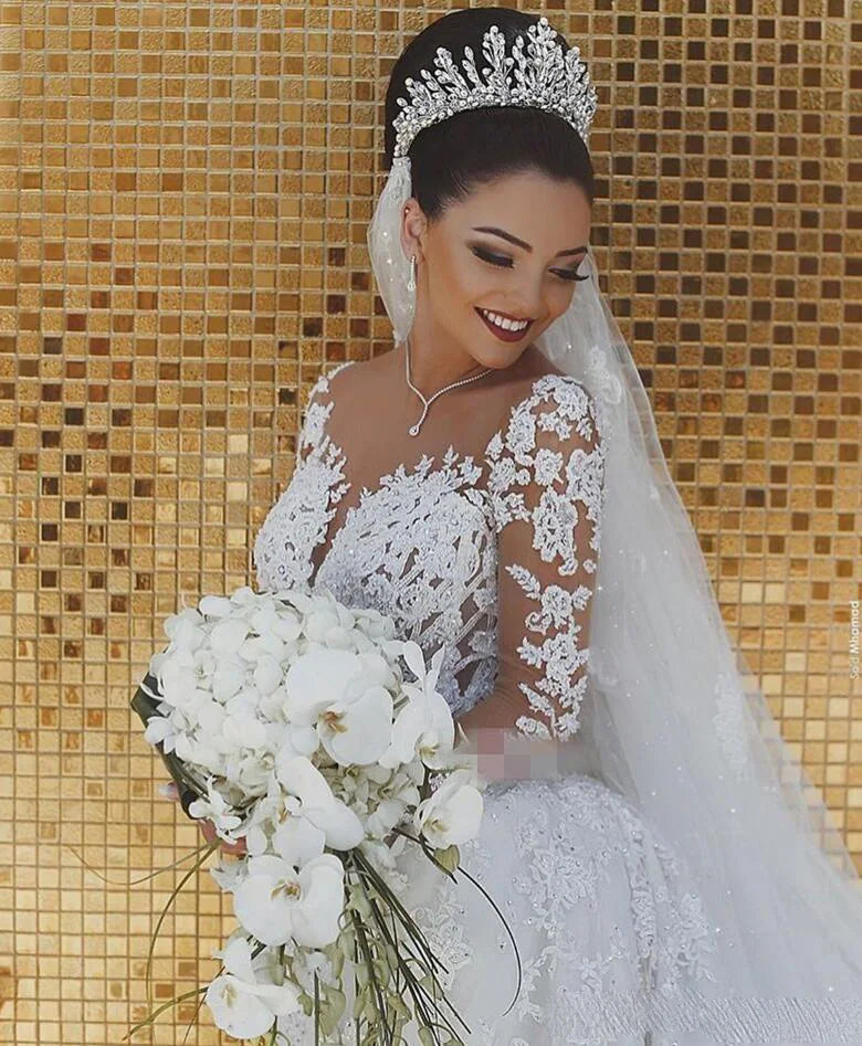 FA132 Sexy Long Sleeves Lace Wedding Dress New See Through Back Lace Mermaid Robe Custom Bride Dress