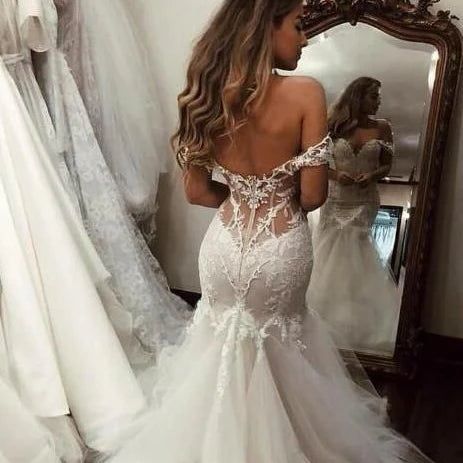 Off the Shoulder Bridal Gowns African Mermaid Wedding Dress 2023 Vestido De Novia  with Lace Long Tulle Bridal Dress with Train