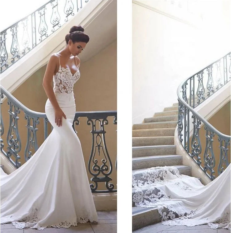 6264# Real Photos Spaghetti Strap Sleeveless Mermaid Deep V-Neck Satin Lace Open Back Bridal Wedding Dress Gown
