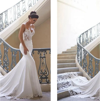 6264# Real Photos Spaghetti Strap Sleeveless Mermaid Deep V-Neck Satin Lace Open Back Bridal Wedding Dress Gown