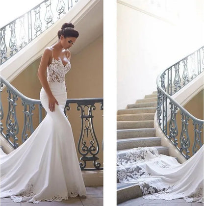 6264# Real Photos Spaghetti Strap Sleeveless Mermaid Deep V-Neck Satin Lace Open Back Bridal Wedding Dress Gown