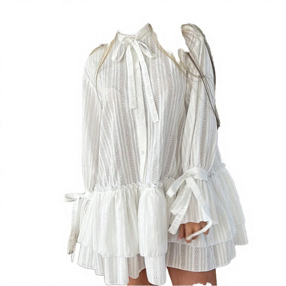 Elegant White Lace Stripe Ruffle Mini Dress with High Neck Bow Tie, Long Bishop Sleeves, Breathable Fit Summer Women Mini Dress