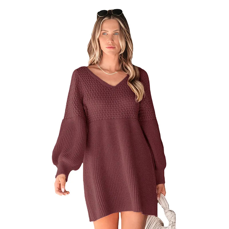 Hot Sale European American Style Autumn Winter Casual Dating V-neck Puff Sleeve Solid Color Sweater Dress