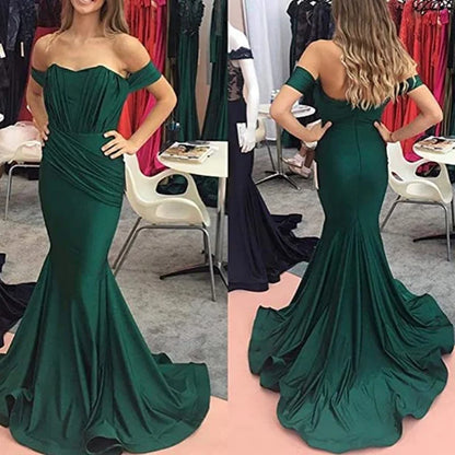 15521# Real Photos Simple Off Shoulder Pleat Mermaid Wedding Party Gown Evening Prom Dress for Women With Sweep Train