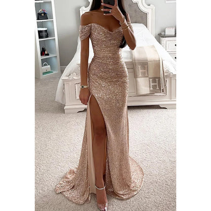 Women's Gold Mermaid Sequined Evening Party Dress Bling Prom Gown Off Shoulder Formal Wear for Summer Seasons Long Dress