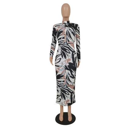 E0109TA33 Wholesale Price Women Printed Knit Ribbed Long Sleeve Birthday Bodycon Midi Maxi Dress