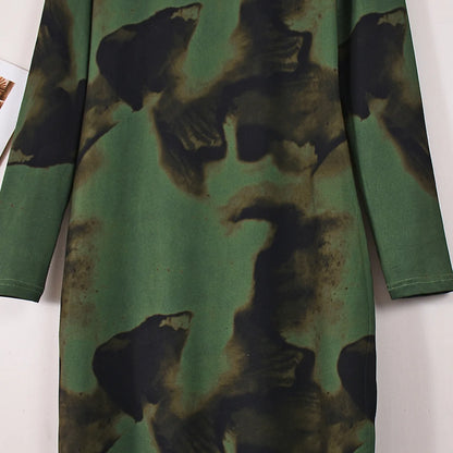 BR6013 Women's Vintage Printed Stretchy Dress Empire Waist Crew Neck Long Skirt Anti-Static Polyester Spandex