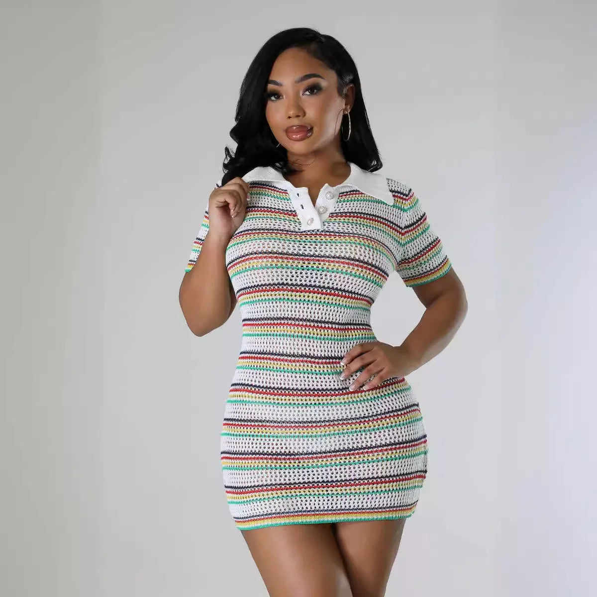 AJ4450 Winter A-Line Casual Women's Woolen Neck Knitted Slim-fit Short Sleeve Striped Button Polo Neck Dress