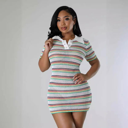 AJ4450 Winter A-Line Casual Women's Woolen Neck Knitted Slim-fit Short Sleeve Striped Button Polo Neck Dress