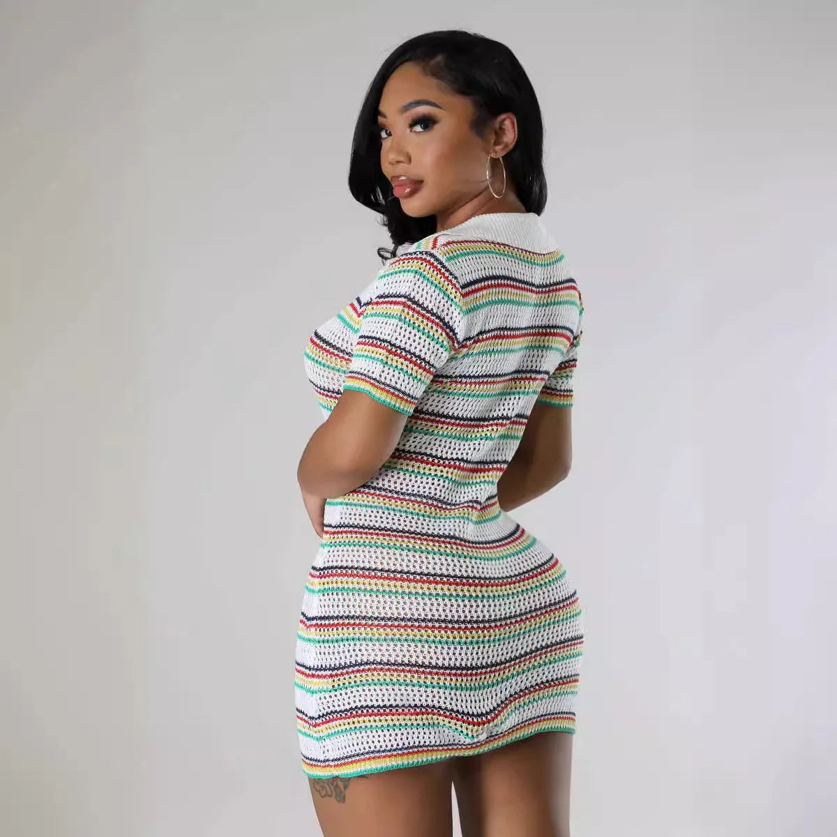 AJ4450 Winter A-Line Casual Women's Woolen Neck Knitted Slim-fit Short Sleeve Striped Button Polo Neck Dress