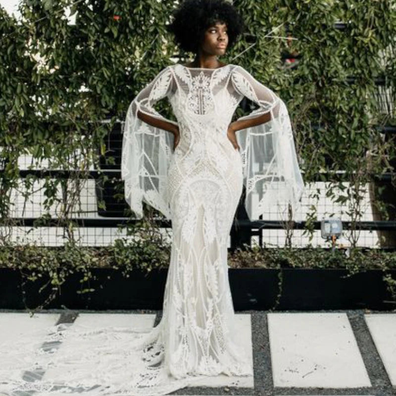 4515# Sexy Long Flare Sleeve Mermaid Wedding Dress 2022 Illusion Tulle V-Neck Appliques Bridal Gown Lace Backless Sweep Train