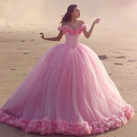 QD1513 Gorgeous Pink Tulle Quinceanera Dresses Sexy Off the Shoulder Ball Gown Quinceanera Dress With Flowers Sweet 16