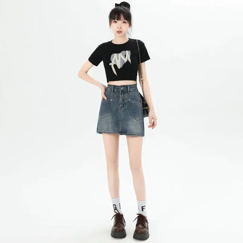 Women's High-Waisted Pencil A-Line Casual Slim Academy Style Skirt with Printed Breathable Gym Shorts Pattern Personality Pocket