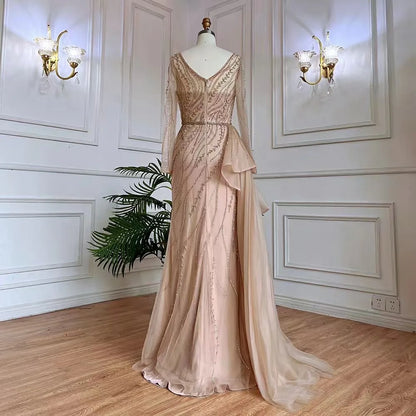 Feishiluo  Luxurious Split Mermaid Evening Dress  Sexy V-neck  Handmade Beaded Prom Dress