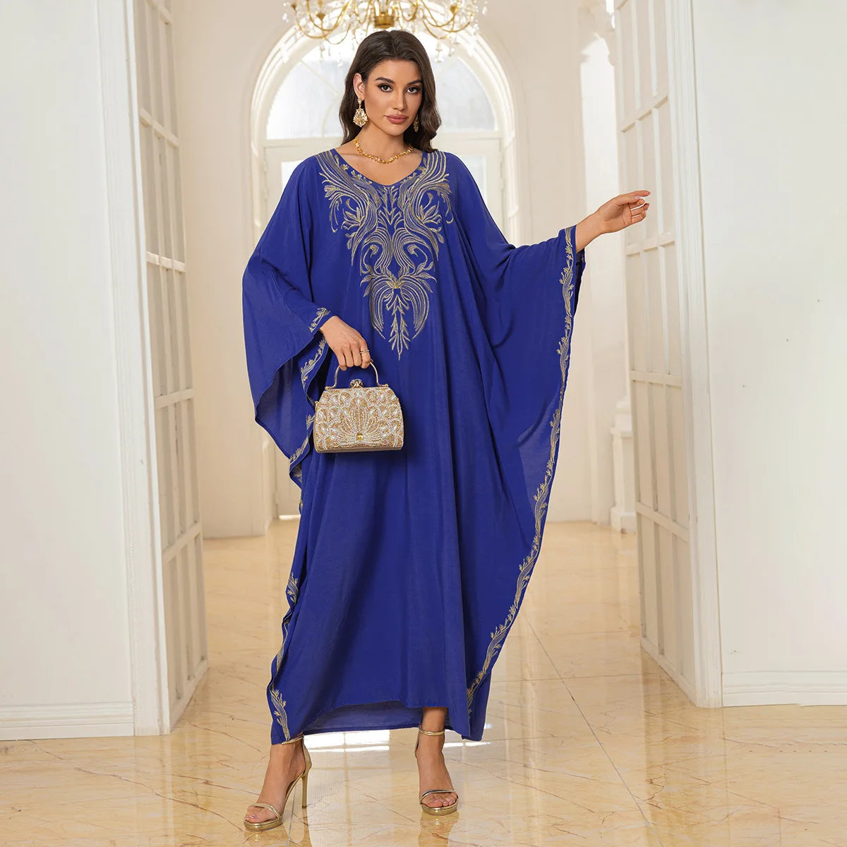 Beach Abaya in Rayon with Gold Embroidery and Batwing Sleeves for Vacation Available on for (24 Colors) L4125