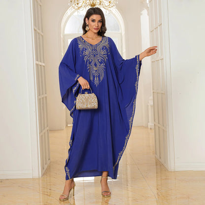 Beach Abaya in Rayon with Gold Embroidery and Batwing Sleeves for Vacation Available on for (24 Colors) L4125