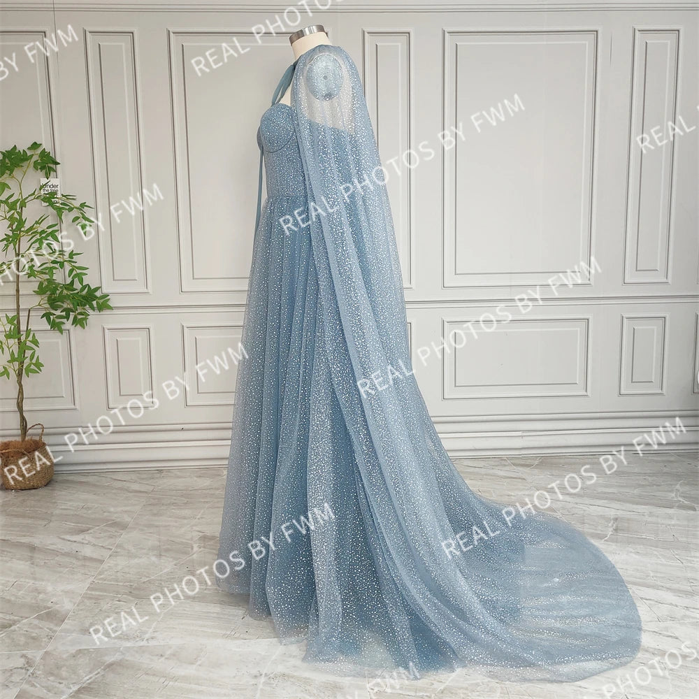 15165 Real Photos High Quality Two Piece Set Blue Strapless A-line Shiny Tulle Evening Dress for Plus Size Women Party Prom Gown